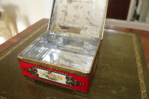 French Vintage Red Tin Box with roses : The French Antique Store