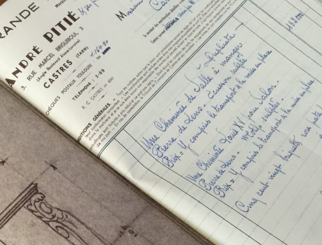 1958 original receipt for marble fireplace from Marbrerie Pitie in Castres 