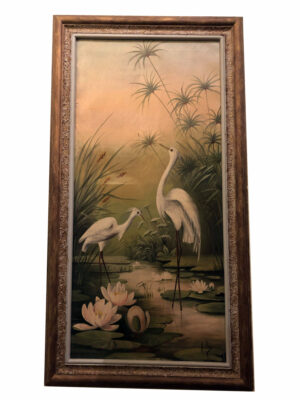 Victorian Oil Painting White Egrets or Herons in a river scene with lillies and grasses