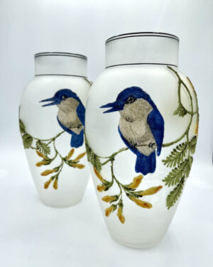 Pair Coralene Glass Vases Bluebirds France 1