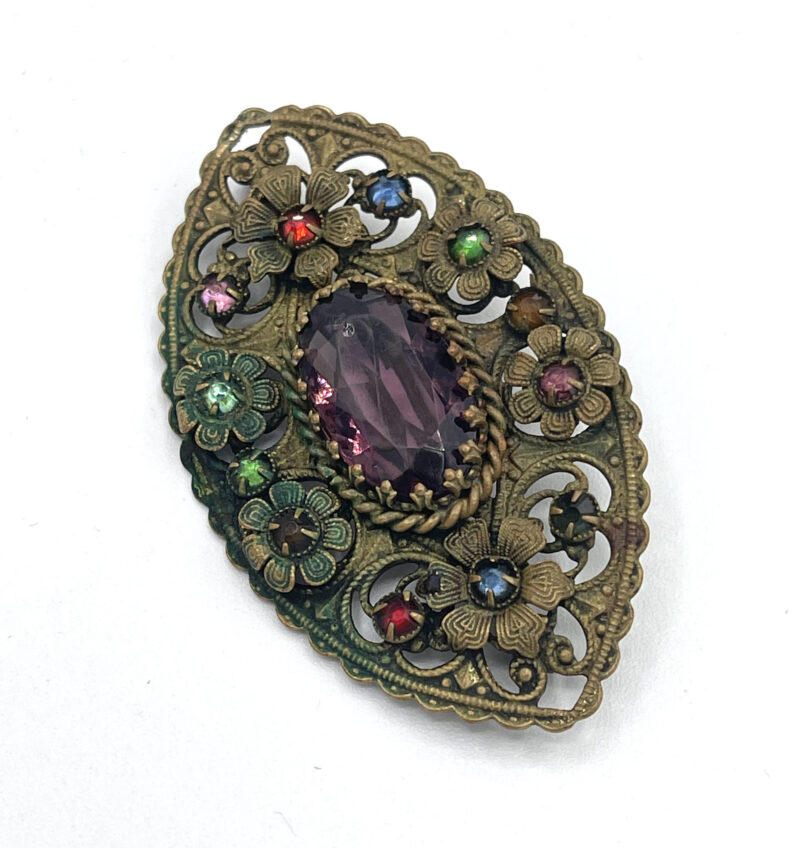Brass Filigree Brooch 1920s Rhinestones The French Antique Store 1