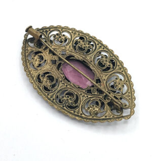 Brass Filigree Brooch 1920s Rhinestones The French Antique Store 2