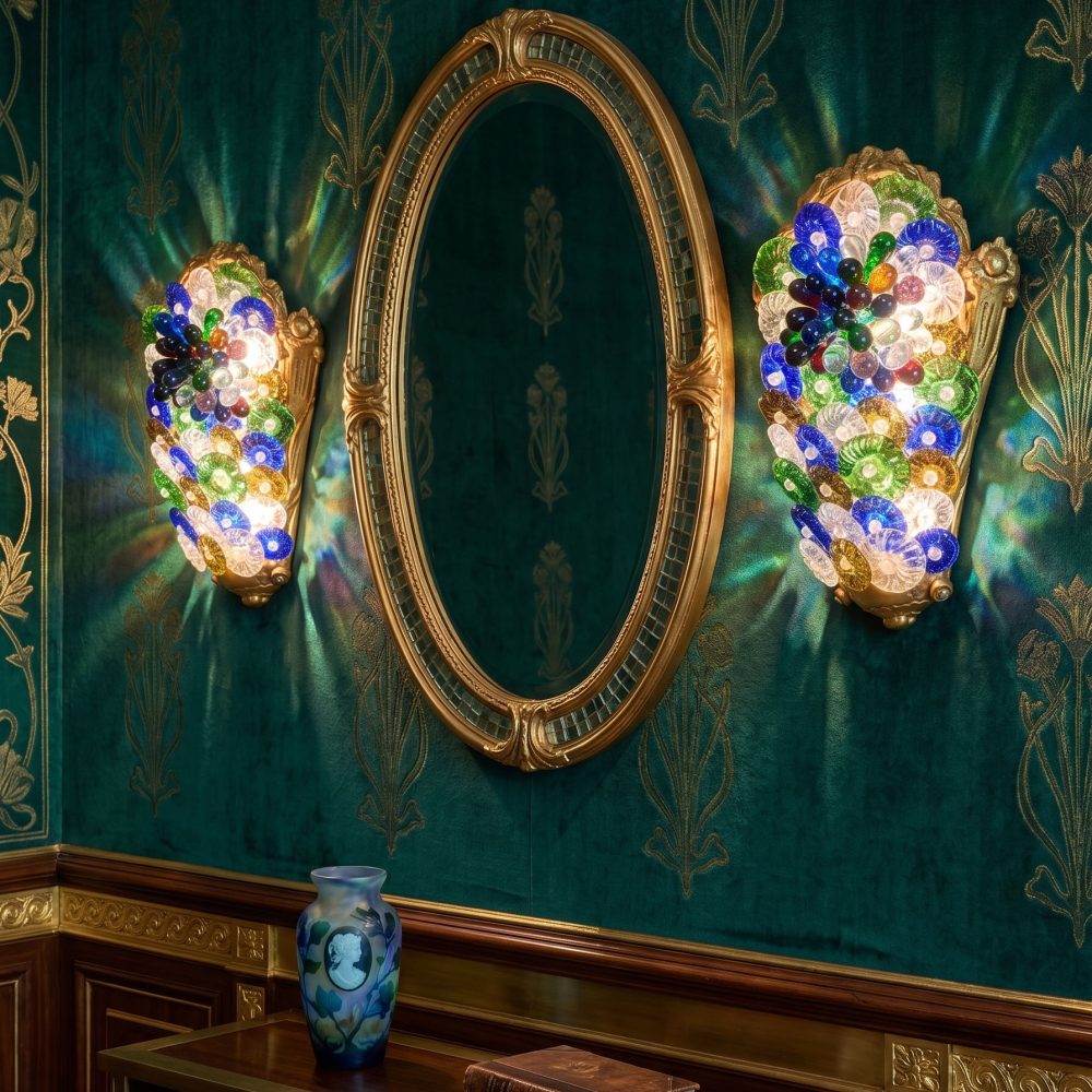 Gilt Bronze and Coloured Glass Flowers and Fruits Wall Sconces In the style of Ercole Barovier
