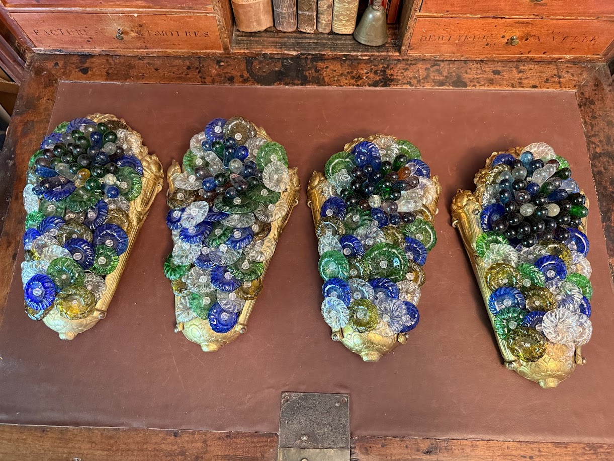 Gilt Bronze and Coloured Glass Flowers and Fruits Wall Sconces In the style of Ercole Barovier - The French Antique Store IMG_7654