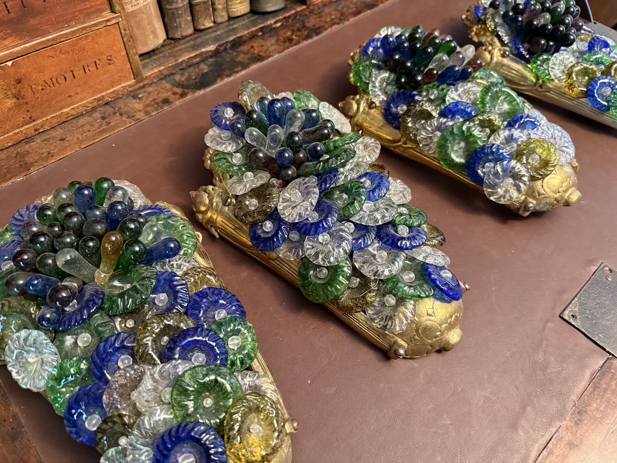 Gilt Bronze and Coloured Glass Flowers and Fruits Wall Sconces In the style of Ercole Barovier - The French Antique Store IMG_7658