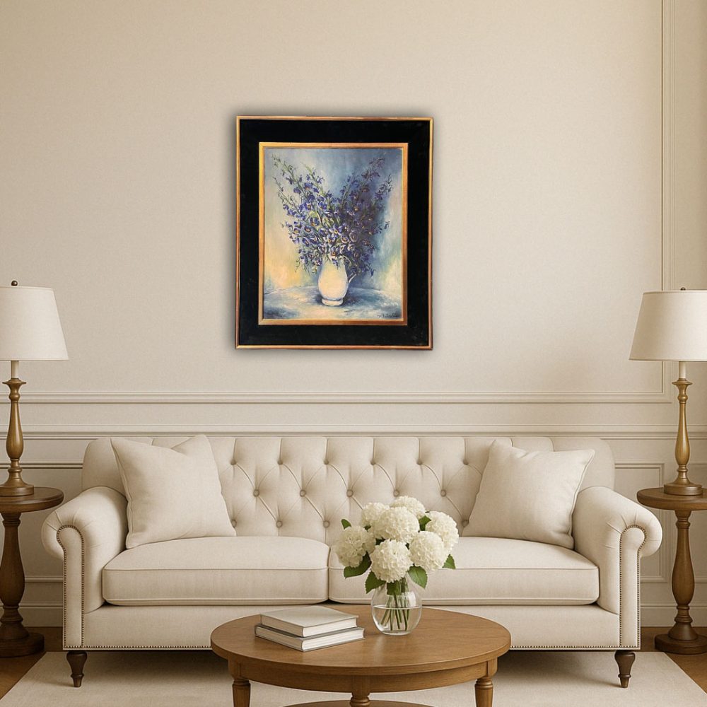 Marie Babon Folus 1960s still life painting of blue flowers in jug green velvet frame with gold trim 2