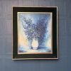 Marie Babon Folus 1960s still life painting of blue flowers in jug green velvet frame with gold trim 3