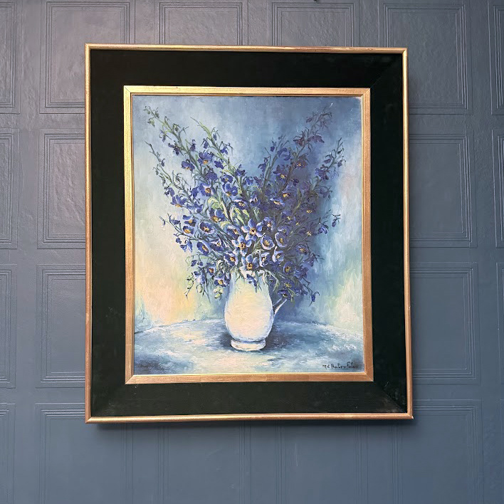 Marie Babon Folus 1960s still life painting of blue flowers in jug green velvet frame with gold trim 3