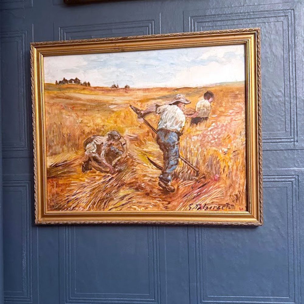 Vintage 1960s Reproduction of Rural Harvest Scene – After Léon Augustin Lhermitte (Framed Signed)