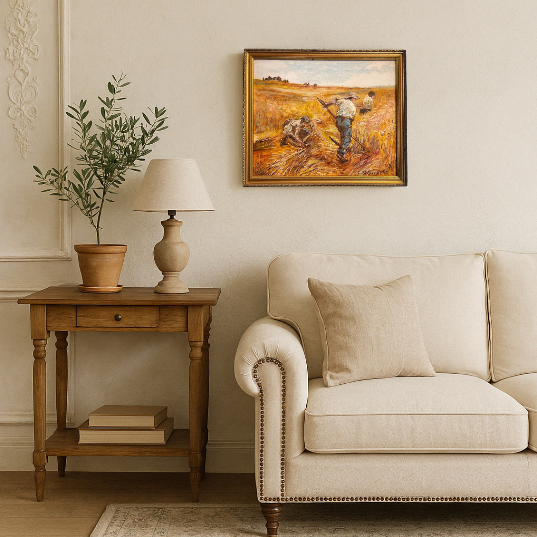 Vintage 1960s Reproduction of Rural Harvest Scene – After Léon Augustin Lhermitte (Framed Signed) 2