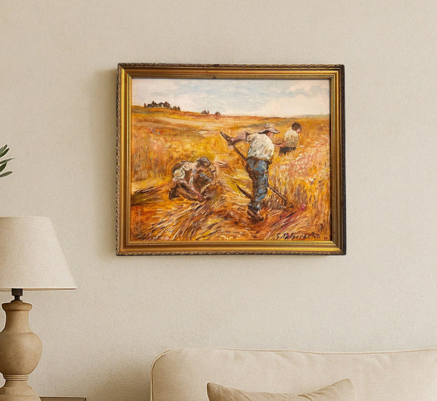 Vintage 1960s Reproduction of Rural Harvest Scene – After Léon Augustin Lhermitte (Framed, Signed)