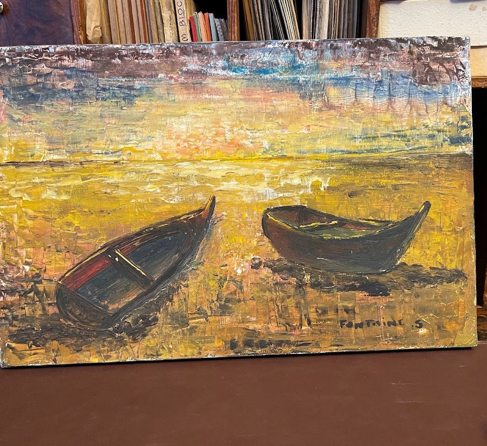 s fontaine oil painting on canvas two boats beached - the french antique store