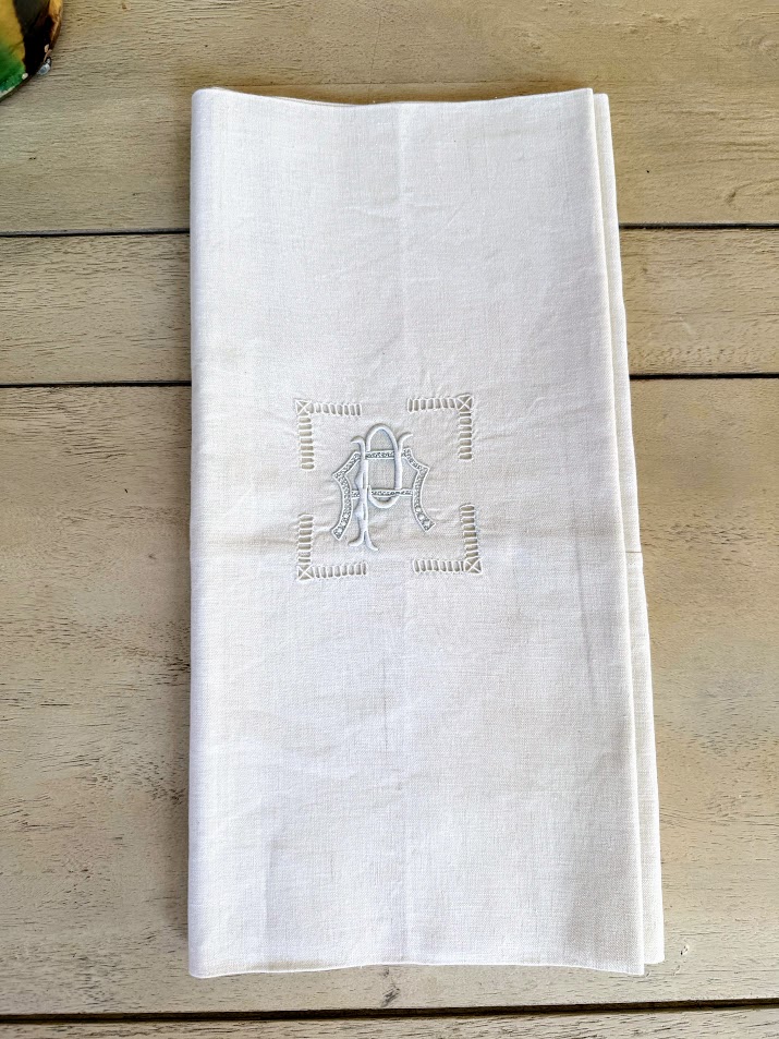 Antique French Linen Bolster Monogrammed 180x42 IMG_9086 The French Antique Store