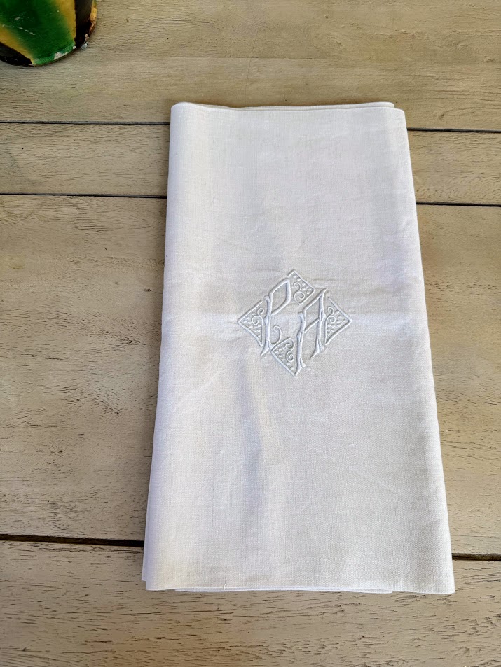 Antique French Linen Bolster Monogrammed 180x42 IMG_9090 The French Antique Store