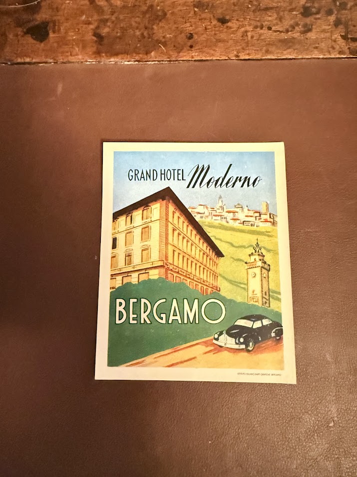 Grand Hotel Moderno Bergamo Italy Original Vintage Luggage Label 1950s