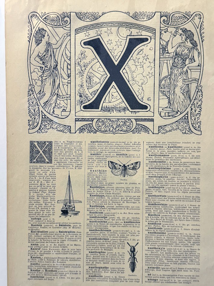Original 1920s French Antique Print – Illustrated Alphabet Letter X dictionary sheet (19x29cm)