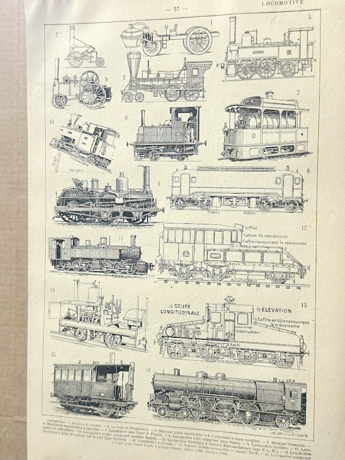 Original 1920s French Antique Print – Locomotives & Trains (19x29cm)