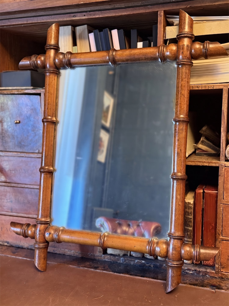 19th Century French Faux Bamboo Wall Mirror – 52cm x 44cm Antique Napoleon III Bambou Tourné Mirror
