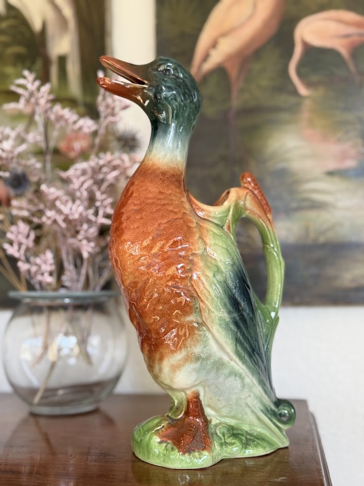 Antique French Barbotine Duck Pitcher – Saint-Clément Majolica Mallard Water Jug | Mid-Century Pichet Canard