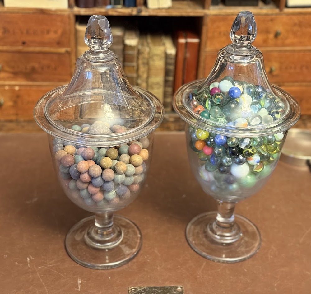 Pair of 19th-Century French Hand-Blown Glass Lidded Apothecary Jars with Vintage & Antique Marbles