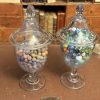 Pair of 19th-Century French Hand-Blown Glass Lidded Apothecary Jars with Vintage & Antique Marbles