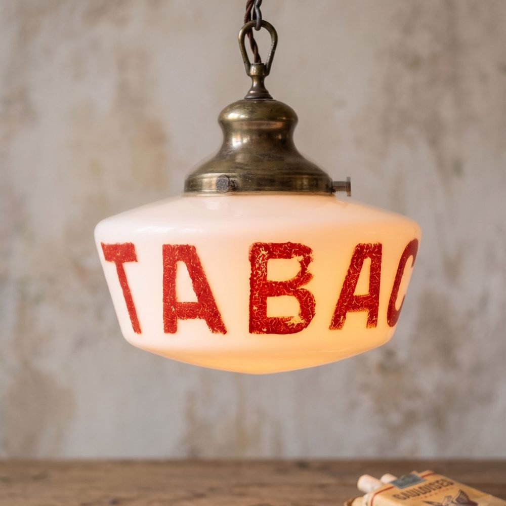 Vintage French Tabac Store Opal Glass Pendant Light