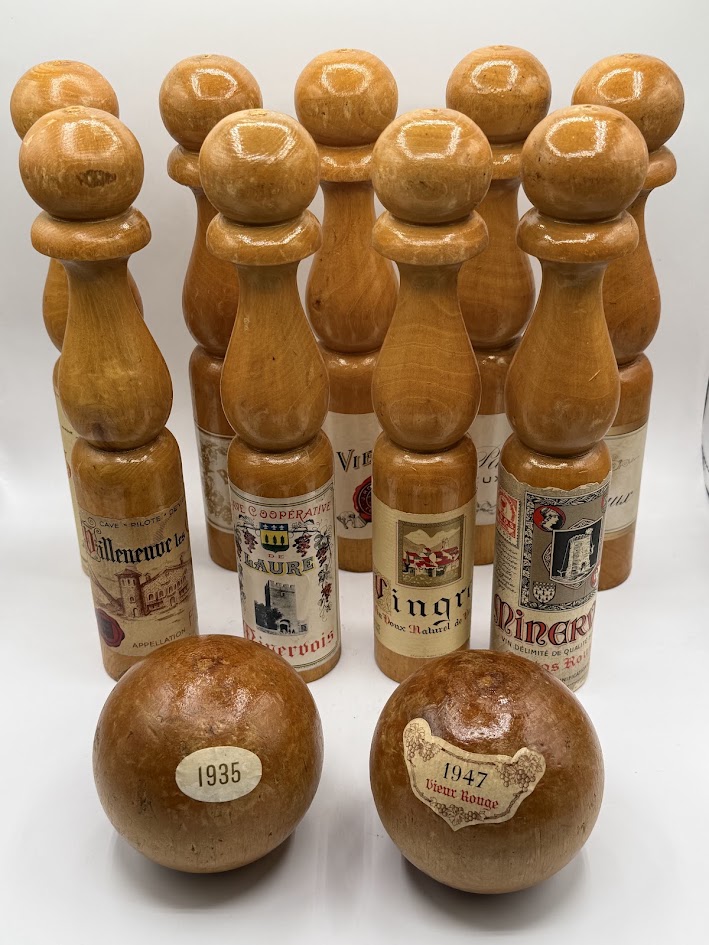 One-of-a-Kind French Wooden Skittle Set with Original 1930s & 40s French Wine Labels – Complete Jeu de Quilles de Neuf (9 Pins & 2 Balls) IMG_1896