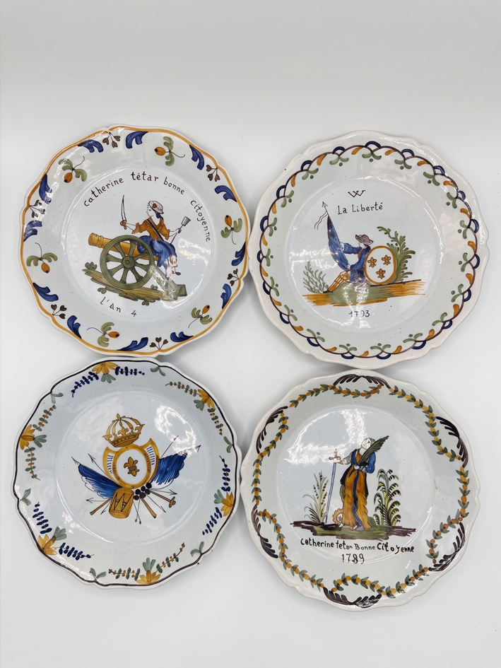 Set of 4 French Nevers Faience Revolutionary Plates – Hand-Painted Faïence Parlante Collectibles Signed 1a