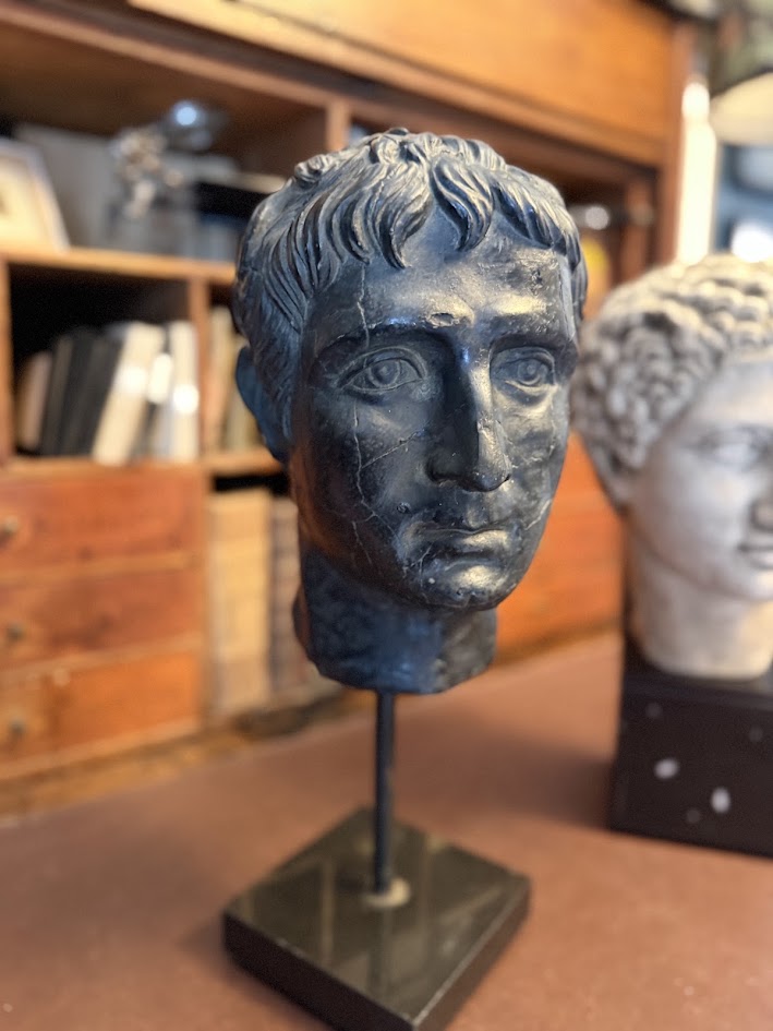 Large Patinated Plaster Bust of Roman Emperor Augustus Grand Tour Neoclassical Head on Stand (40cm) IMG_2083