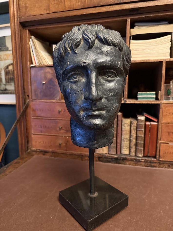 Large Patinated Plaster Bust of Roman Emperor Augustus Grand Tour Neoclassical Head on Stand (40cm) IMG_2091