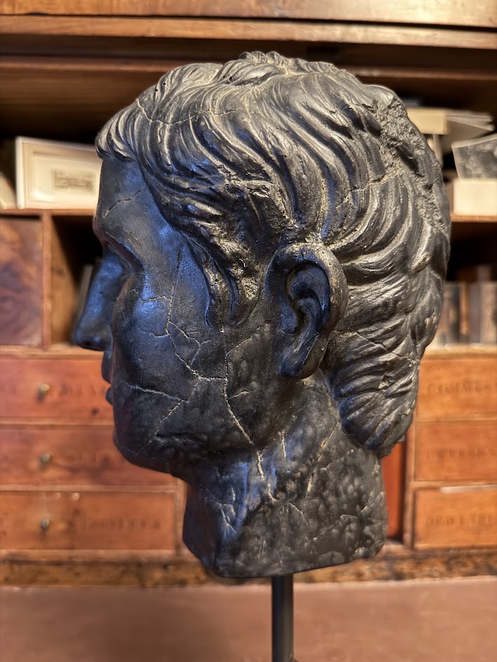 Large Patinated Plaster Bust of Roman Emperor Augustus Grand Tour Neoclassical Head on Stand (40cm) IMG_2094