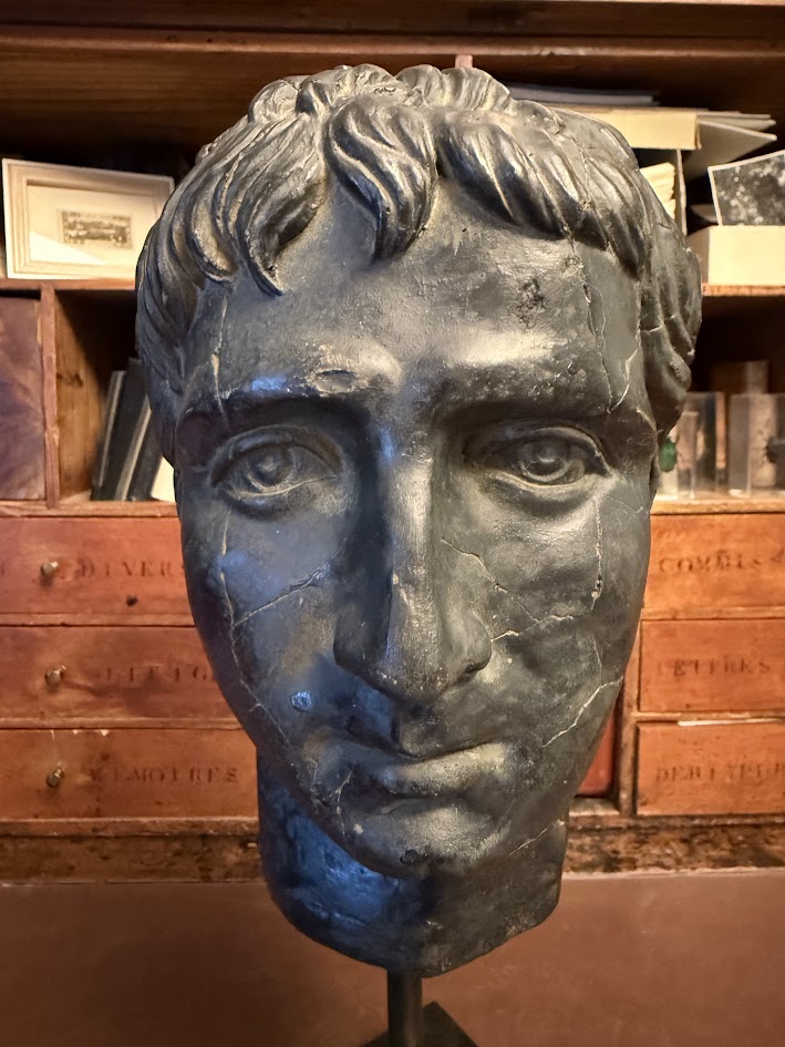 Large Patinated Plaster Bust of Roman Emperor Augustus Grand Tour Neoclassical Head on Stand (40cm) IMG_2095